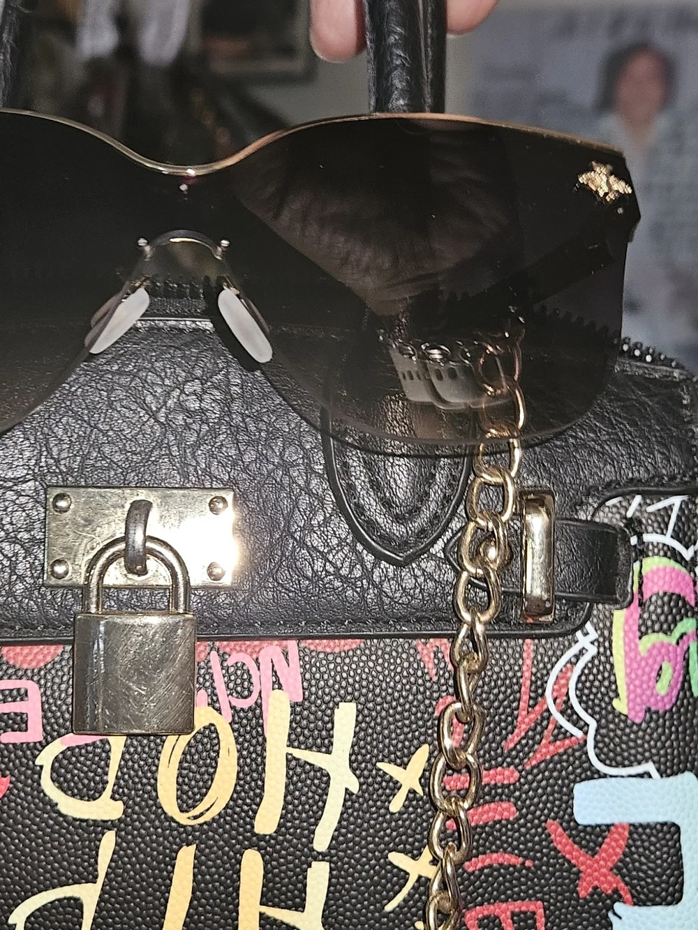 Black Graffiti-Print Satchel Handbag with Gold Lock